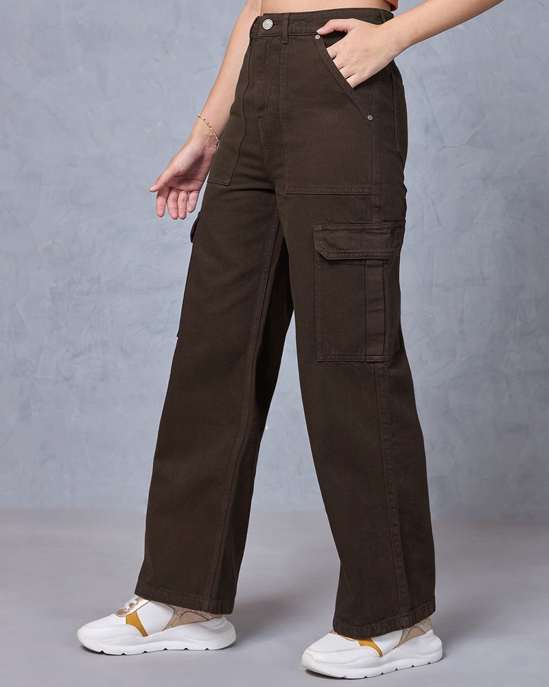 bewakoof Women's Dark Brown Straight Fit Cargo Jeans - Image 2